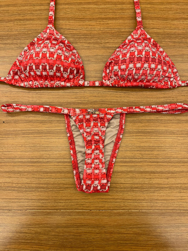 Biquíni Fita Frente Menor Fio Dental Tricô Vermelho